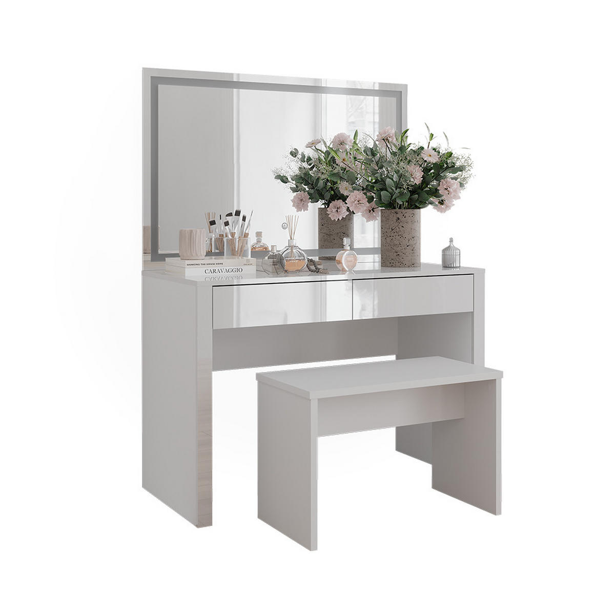 SCHMINKTISCH Annabelle Weiß Hochglanz/Weiß 110 cm mit LED-Spiegel und Bank - Weiß Hochglanz/Weiß, Holzwerkstoff (110/75.5/50cm) - Vicco