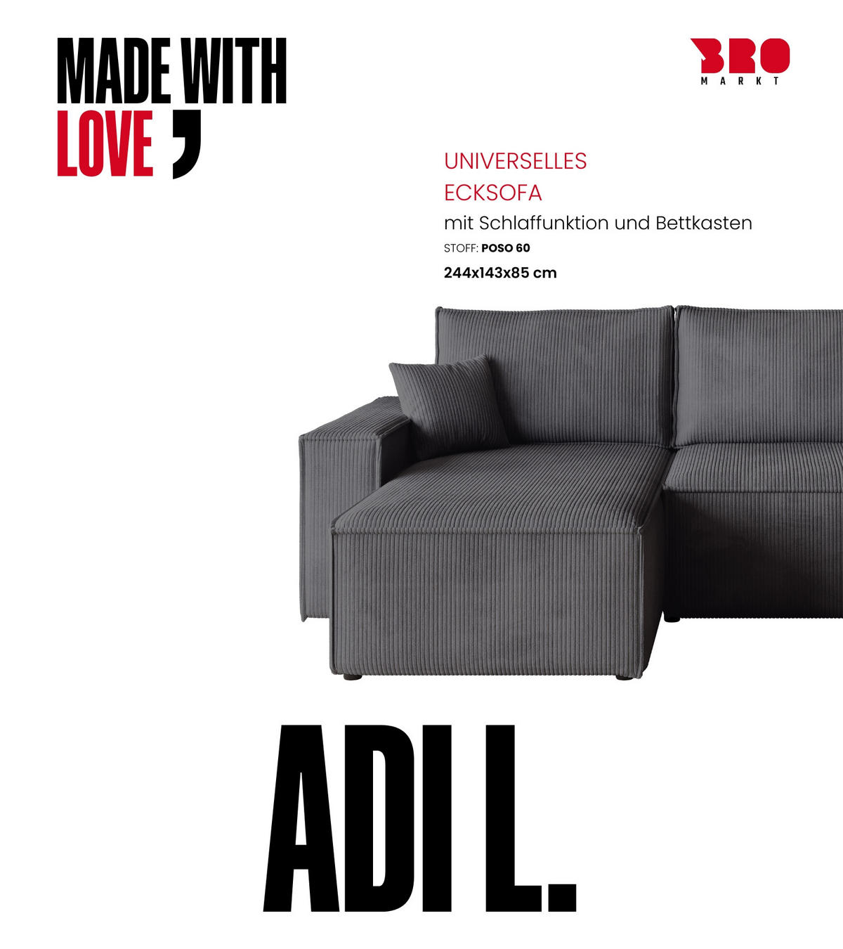 ECKSOFA ADI mit Schlaffunktion Grau Cord - Grau, Textil (244/143cm) - Bromarkt