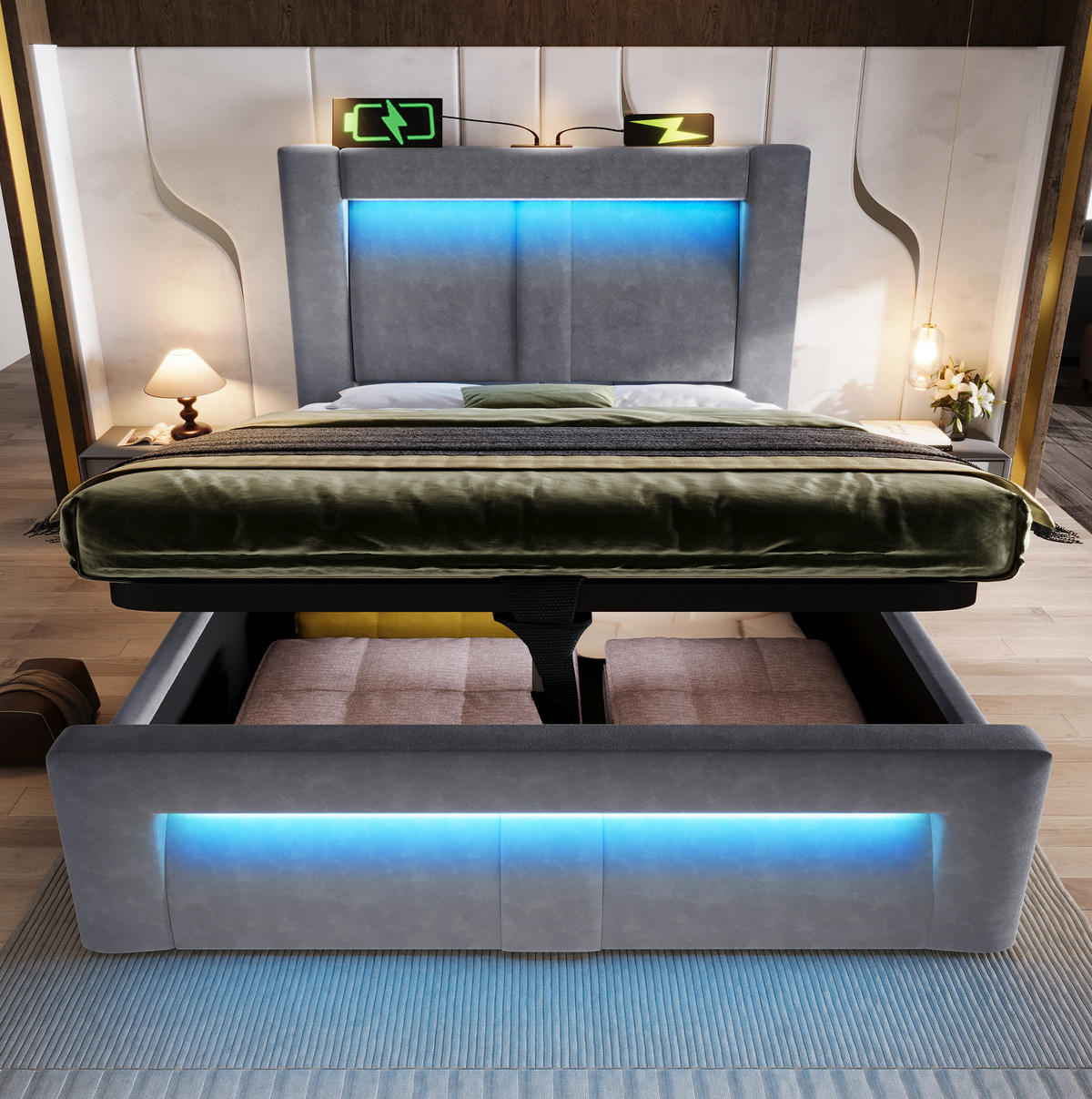 BETT mit Stauraum 90x200 cm Samt Grau inkl. Matratze - Grau, Metall (90/200cm) - Meubliv