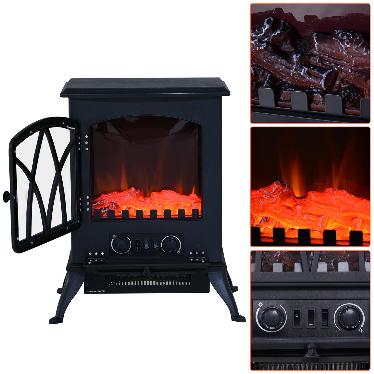ELEKTROKAMIN, 600/1200W, Flammeneffekt, Schwarz - Schwarz, Metall (285/54/45cm) - HOMCOM