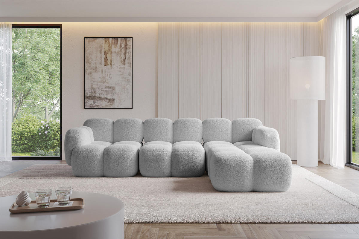 ECKSOFA modulares Sofa Rechts Miko-L2 302x205x75 Hellgrau Bouclé - Edelstahlfarben/Schwarz, Holzwerkstoff/Kunststoff (302/205cm) - ALTDECOR