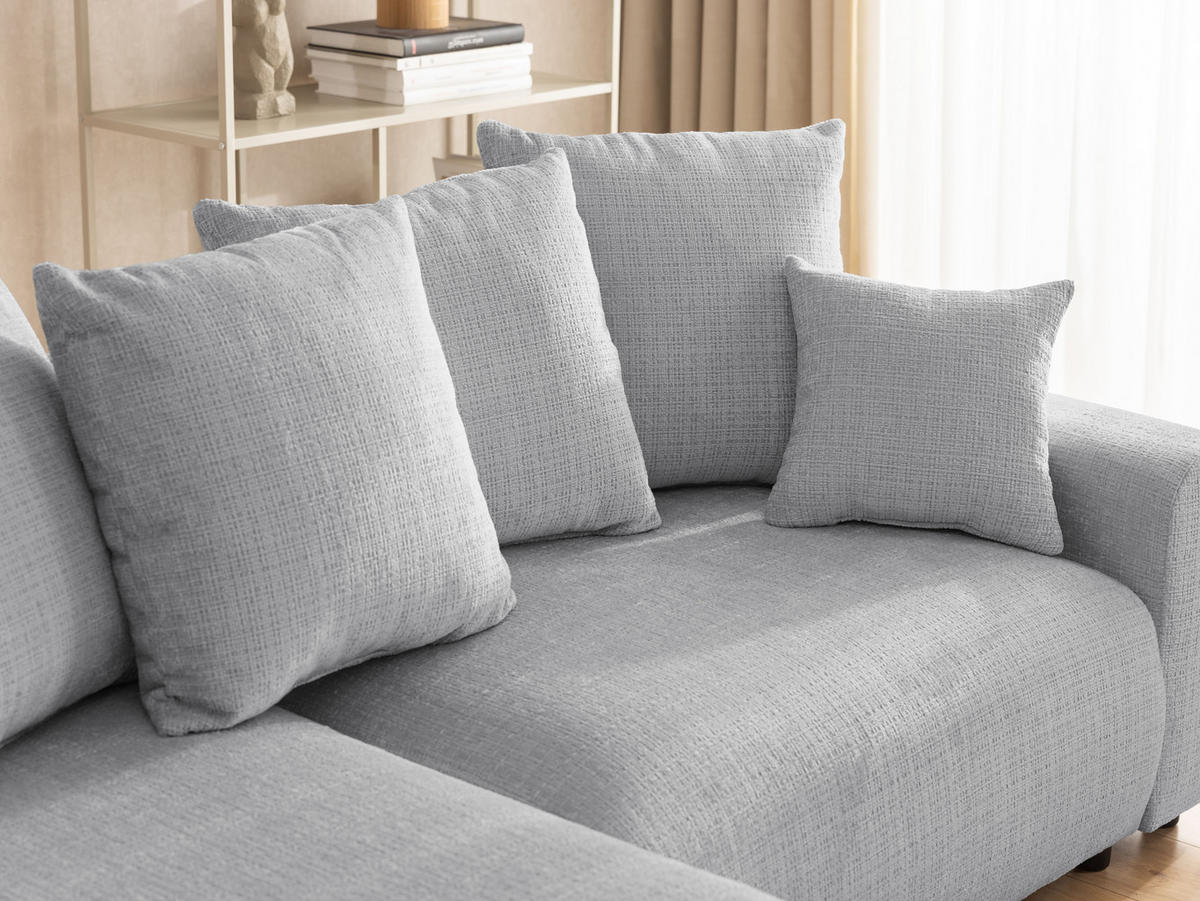 ECKSOFA Calma mit Schlaffunktion und Bettkasten im Bumpy-Design aus weichem Hellgrau Chenille-Stoff - Ottomane links - Beige/Hellgrau, Holz/Kunststoff (140/239cm) - S-Style Möbel