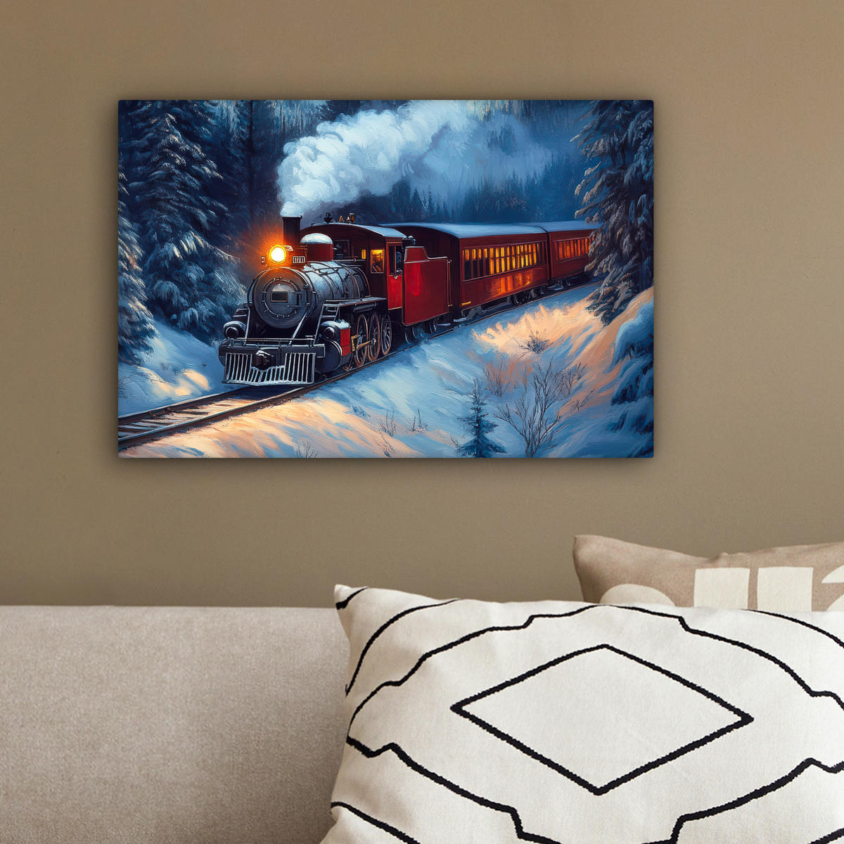 LEINWANDBILD Zug - Weihnachten - Schnee - Weihnachtszug 30x20 cm - Anthrazit, Textil (30/20cm) - MuchoWow