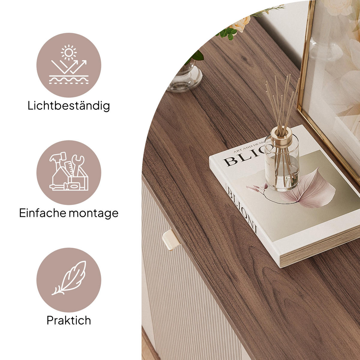 KOMMODE NAVANI 160 cm, Kaschmir / Nussbaum - Goldfarben/Nussbaumfarben, Holzwerkstoff/Metall (160/82/40cm) - Idohome