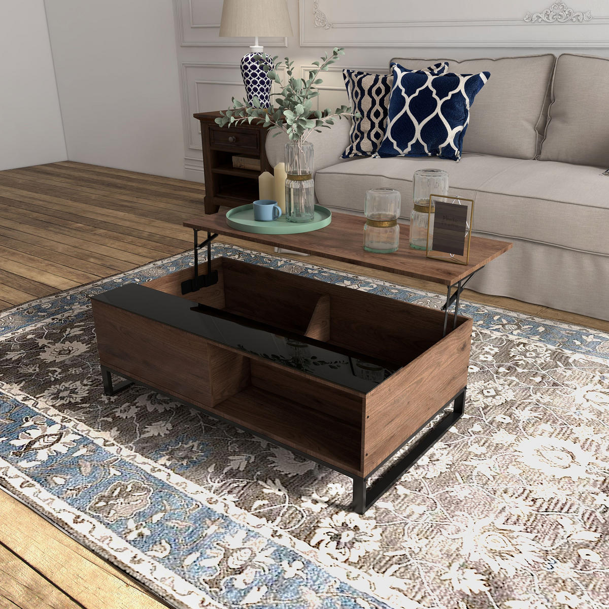 COUCHTISCH, Beistelltisch mit Höhenverstellbarer Platte, Sofatisch mit Stauraum - Walnussfarben, Kunststoff (102/58/35.5cm) - HOMCOM