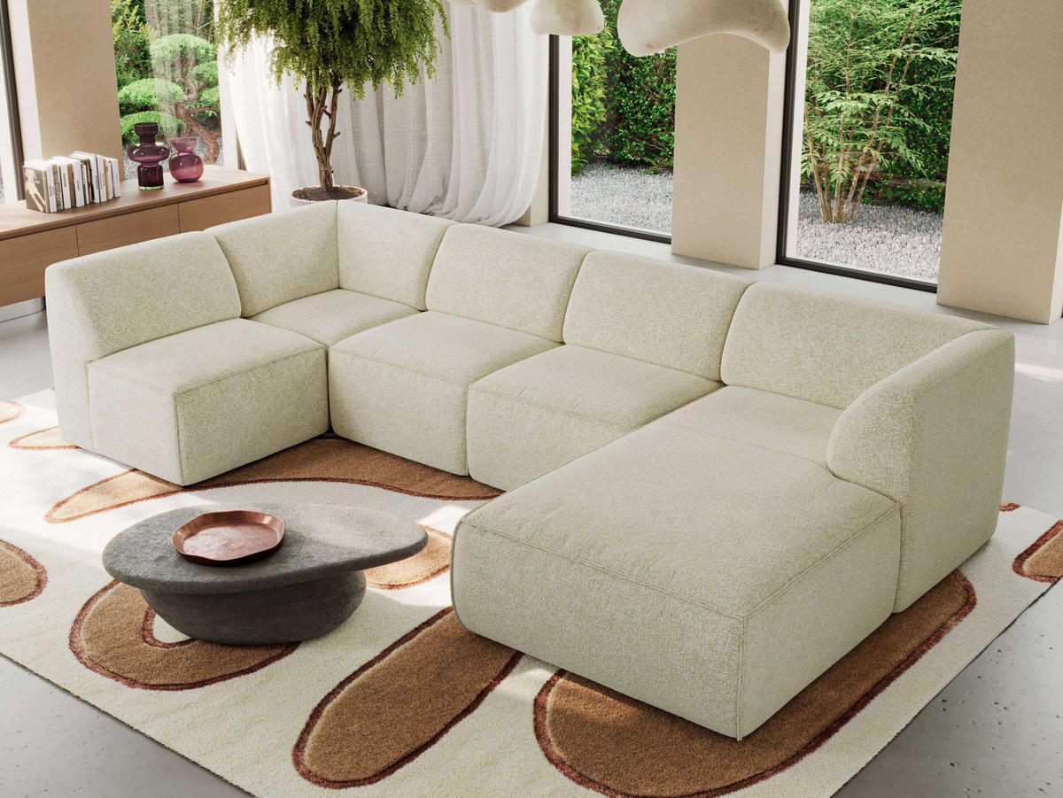 WOHNLANDSCHAFT MODARO U 5M - Creme Struktur - Rechts - Creme/Schwarz, Textil (345/78/180cm) - MKS