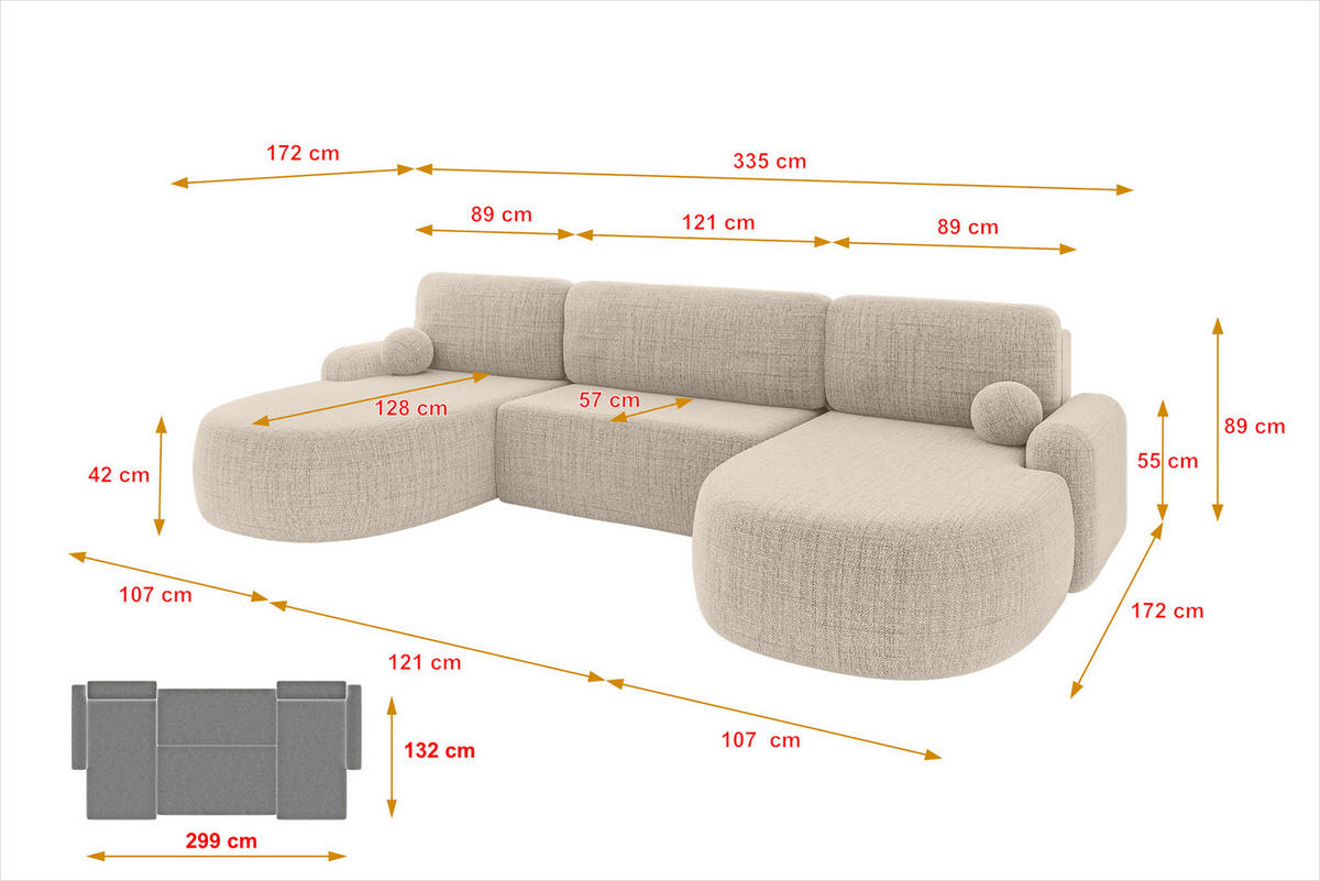 WOHNLANDSCHAFT mit Schlaffunktion und Bettkasten LIRA-U - 335x172x89 Beige - Beige, Holzwerkstoff/Textil (335/89/172cm) - ALTDECOR