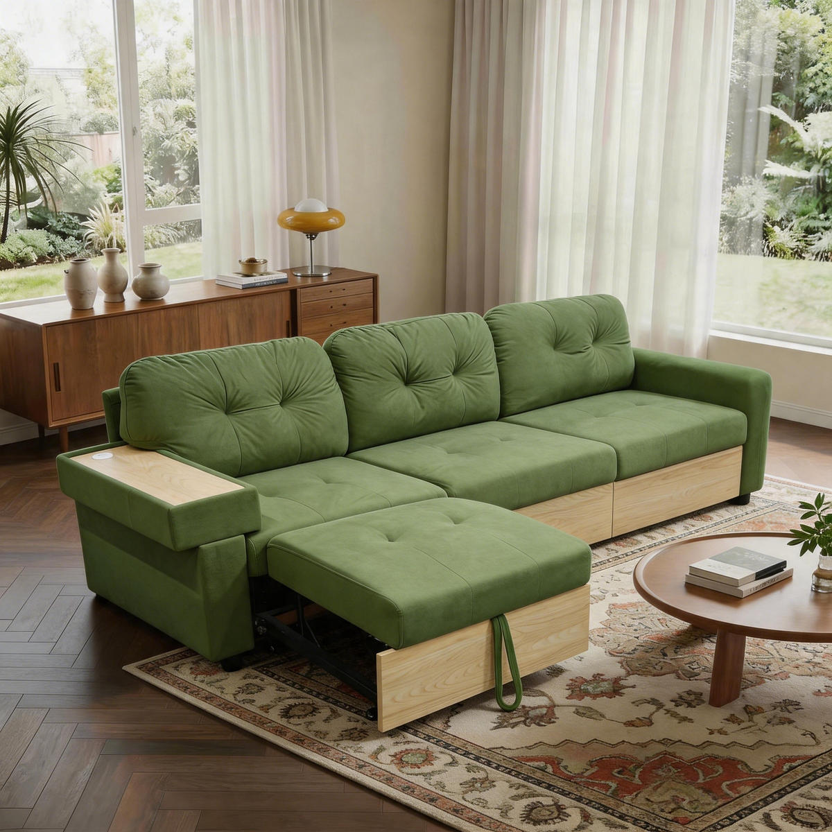 ECKSOFA 228/115/78 cm Grün mit Ausziehbarer Fußhocker, USB-Anschluss und Aufbewahrungstasche - Grün, Textil (228/80cm) - Oxeza