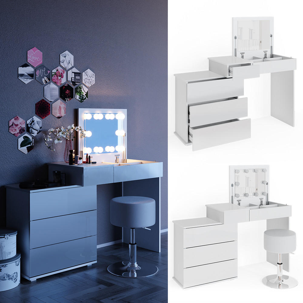 SCHMINKTISCH Lotos Weiß 117.4 cm mit LED Beleuchtung und Hocker - Weiß, Holzwerkstoff (117.4/78/45cm) - Vicco