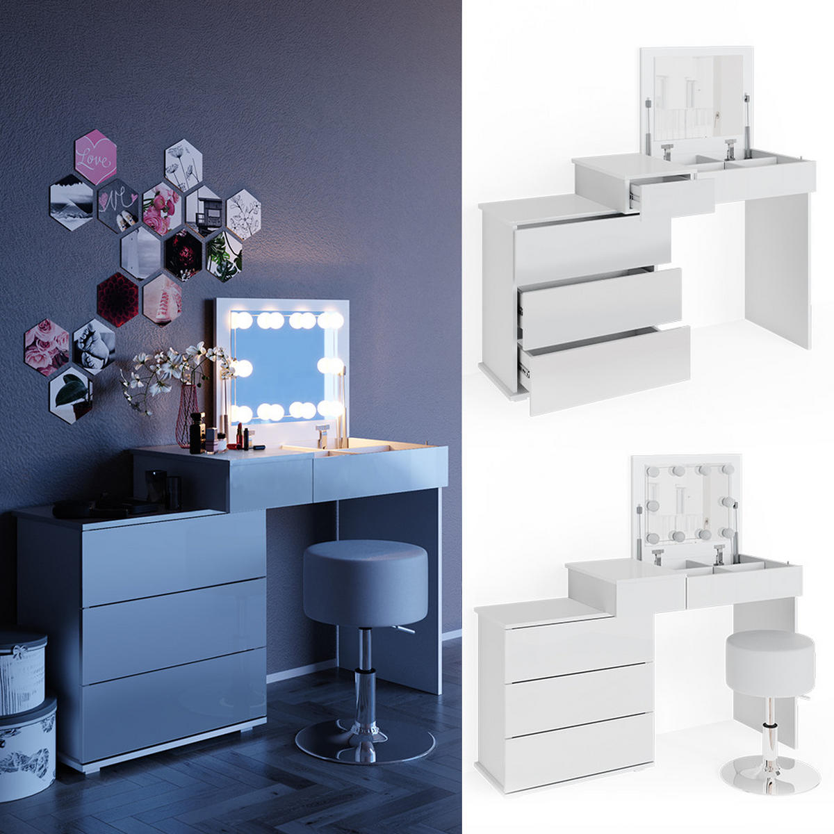 SCHMINKTISCH Lotos Weiß 117.4 cm mit LED Beleuchtung und Hocker - Weiß, Holzwerkstoff (117.4/78/45cm) - Vicco