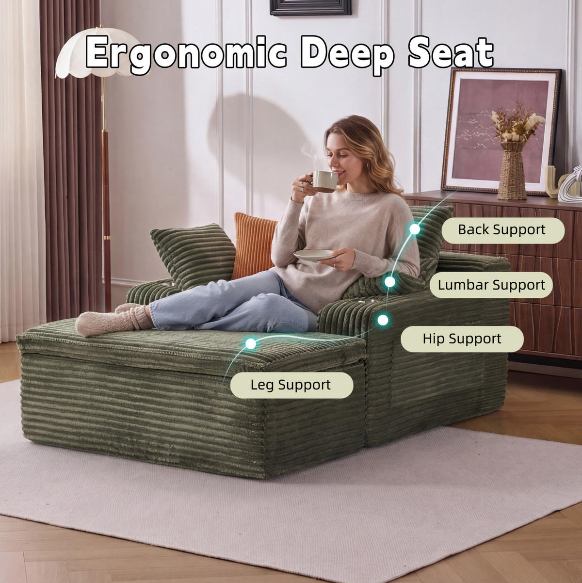 SOFA mit Chaiselongue Grün Cord - Grün, Kunststoff (112/63/165cm) - Meubliv