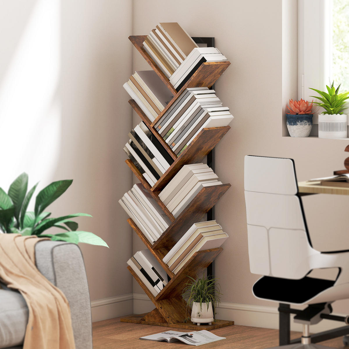BÜCHERREGAL Standregal mit 9 Ebenen Schmal Regal im Baumform Rustikal Braun - Schwarz/Braun, Holzwerkstoff/Metall (24/136/50cm) - HOMCOM