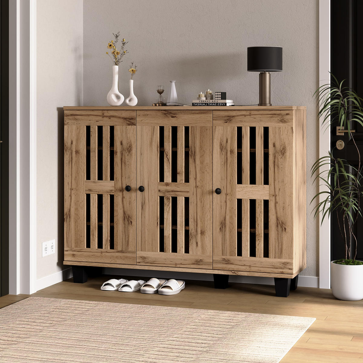 SIDEBOARD in Naturfarben mit 3 Türen für Wohnzimmer und Eingangsbereich, B120/T30/H92 cm - Schwarz/Naturfarben, Holzwerkstoff/Kunststoff (120/92/32cm) - STILVORA