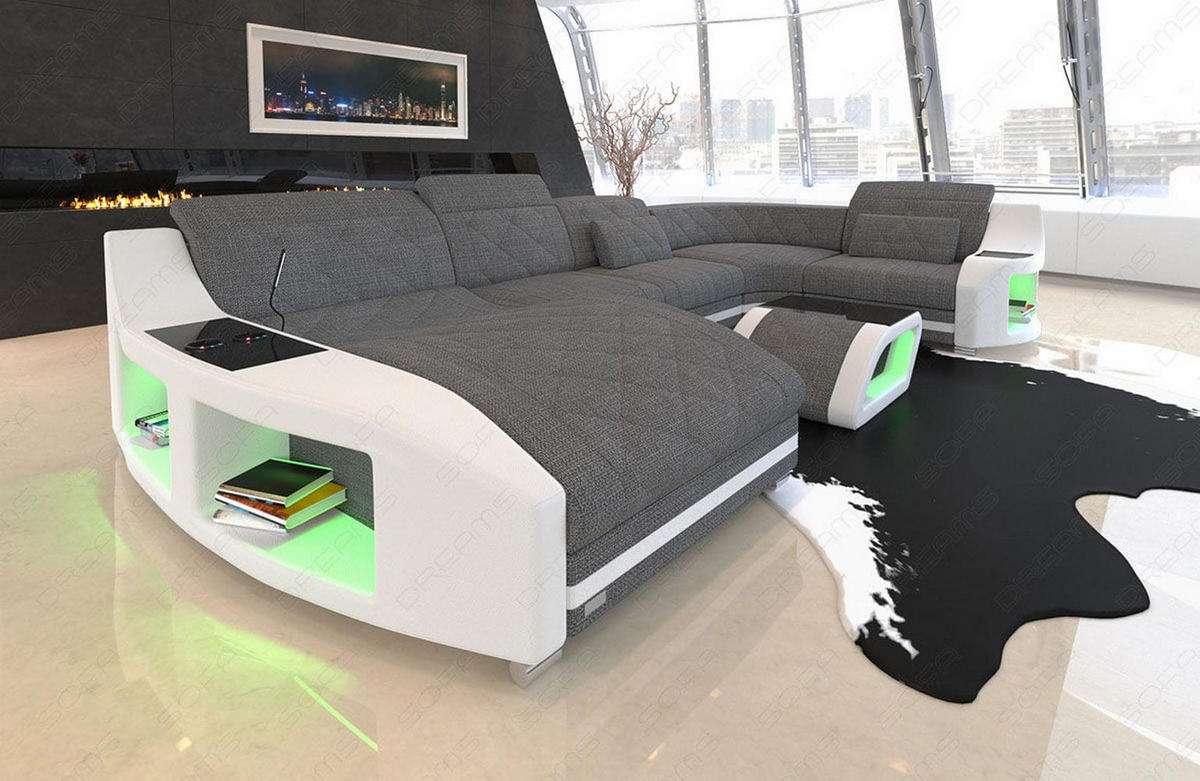 WOHNLANDSCHAFT Stoff Sofa Swing U Form Grau Weiß Strukturstoff - Grau, Kunststoff (404/90/220cm)