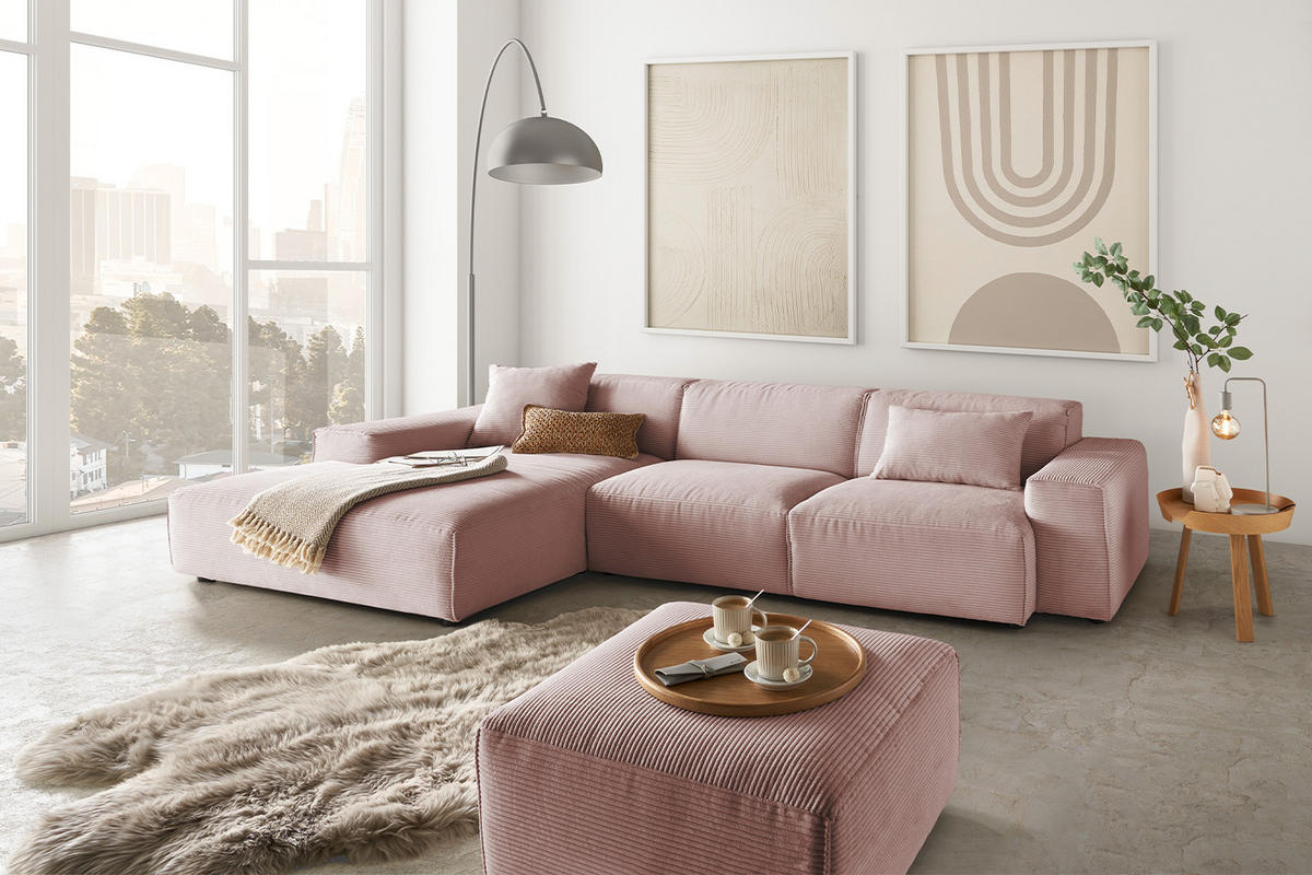 ECKSOFA RANI Pink Cord - Pink/Schwarz, Kunststoff/Textil (299/189cm) - KAWOLA
