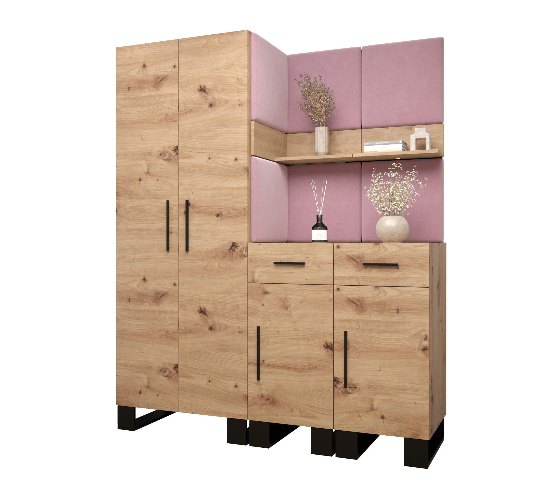 Abiks Möbel Garderoben-Set Eiche Artisan, Pink 158x196x45.6 cm