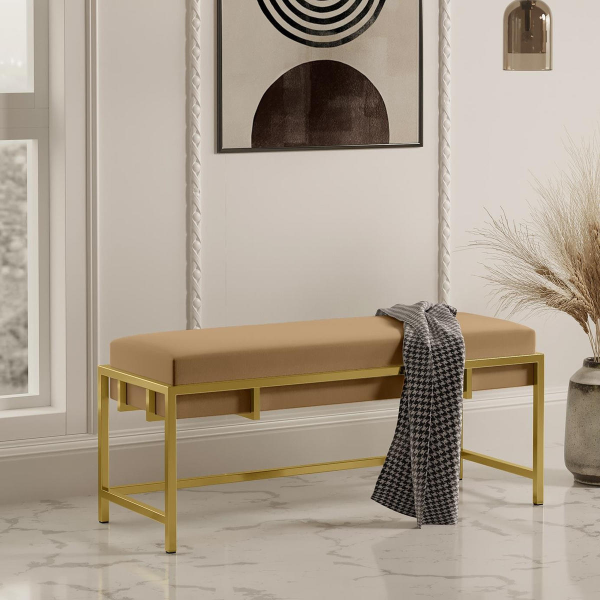 POLSTERBANK LAMO 100 Dunkelbeige, Goldene Beine - Beige/Goldfarben, Textil/Metall (100/45/35cm) - Bettso