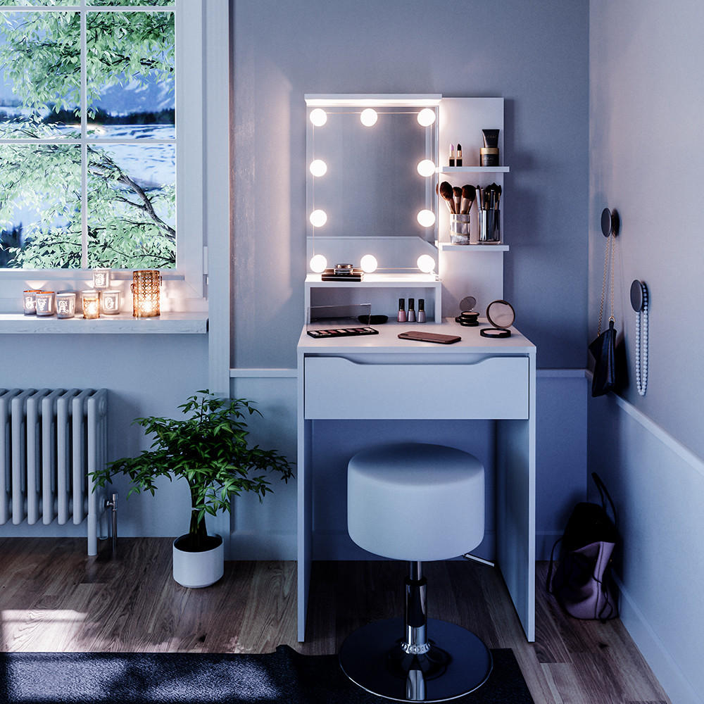 SCHMINKTISCH Ruben Weiß 60 cm mit LED Beleuchtung und Hocker - Weiß, Holzwerkstoff (60/142.7/48cm) - Vicco