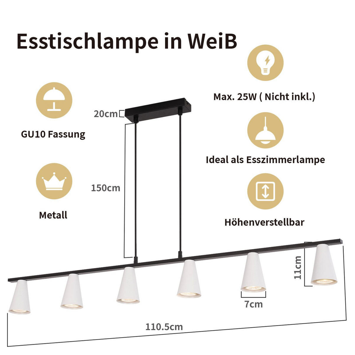 PENDELLEUCHTE Ethan 110/7/160 cm - Weiß, Metall (110/7/160cm) - ZMH
