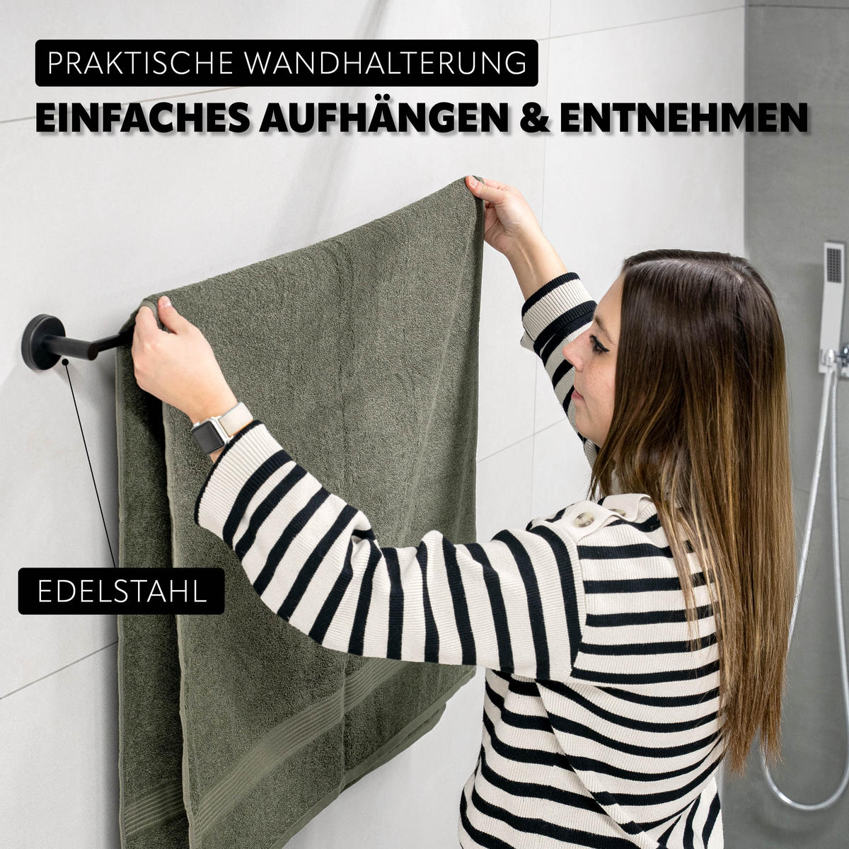 BADETUCHSTANGE PIAZZA BLACK mit Kleber, Edelstahl, schwarz - Schwarz, Metall (76/6/6cm) - bremermann