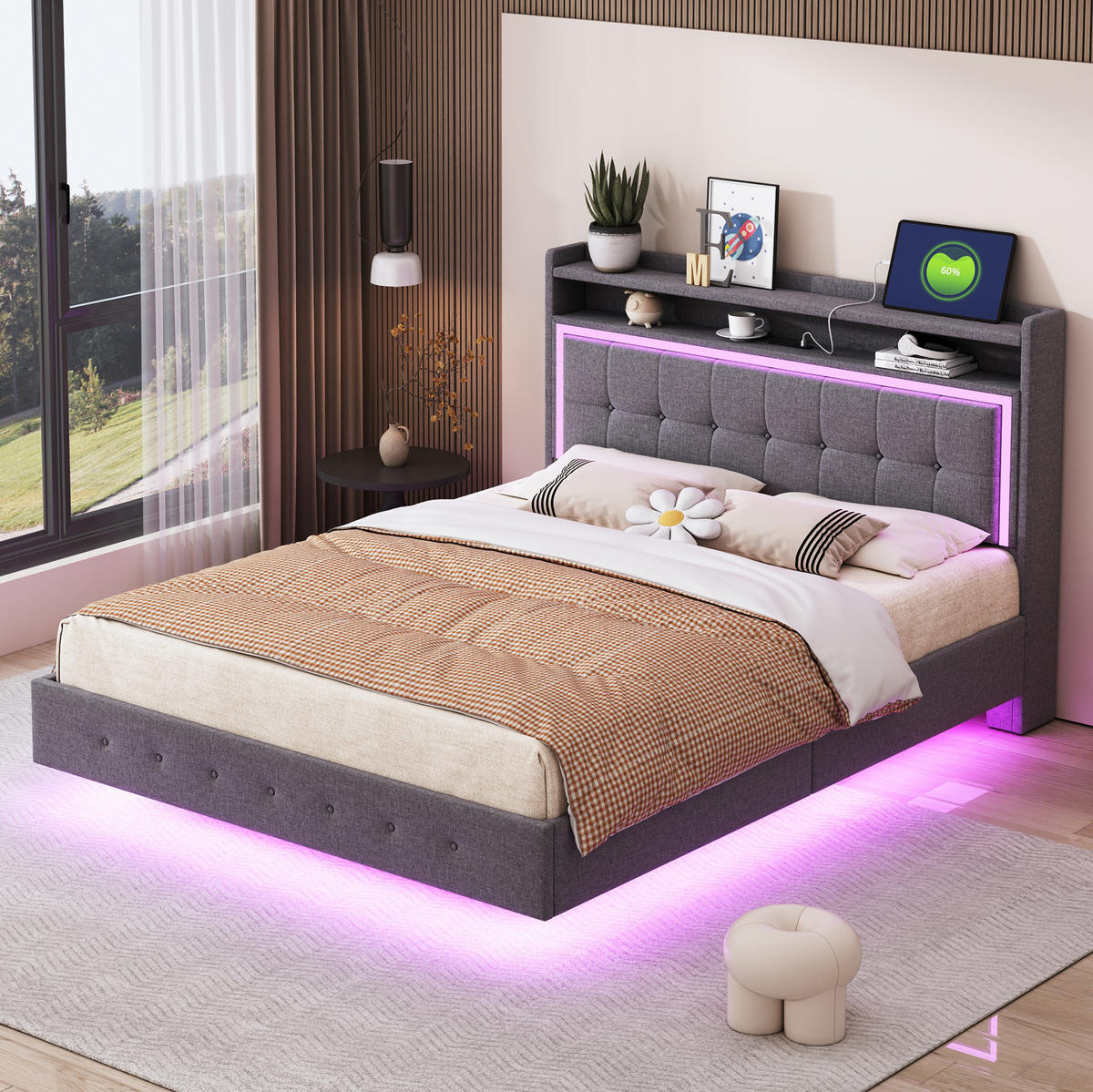 POLSTERBETT mit USB-Steckdose und LED 140x200 cm Grau - Grau, Metall (140/200cm) - Meubliv