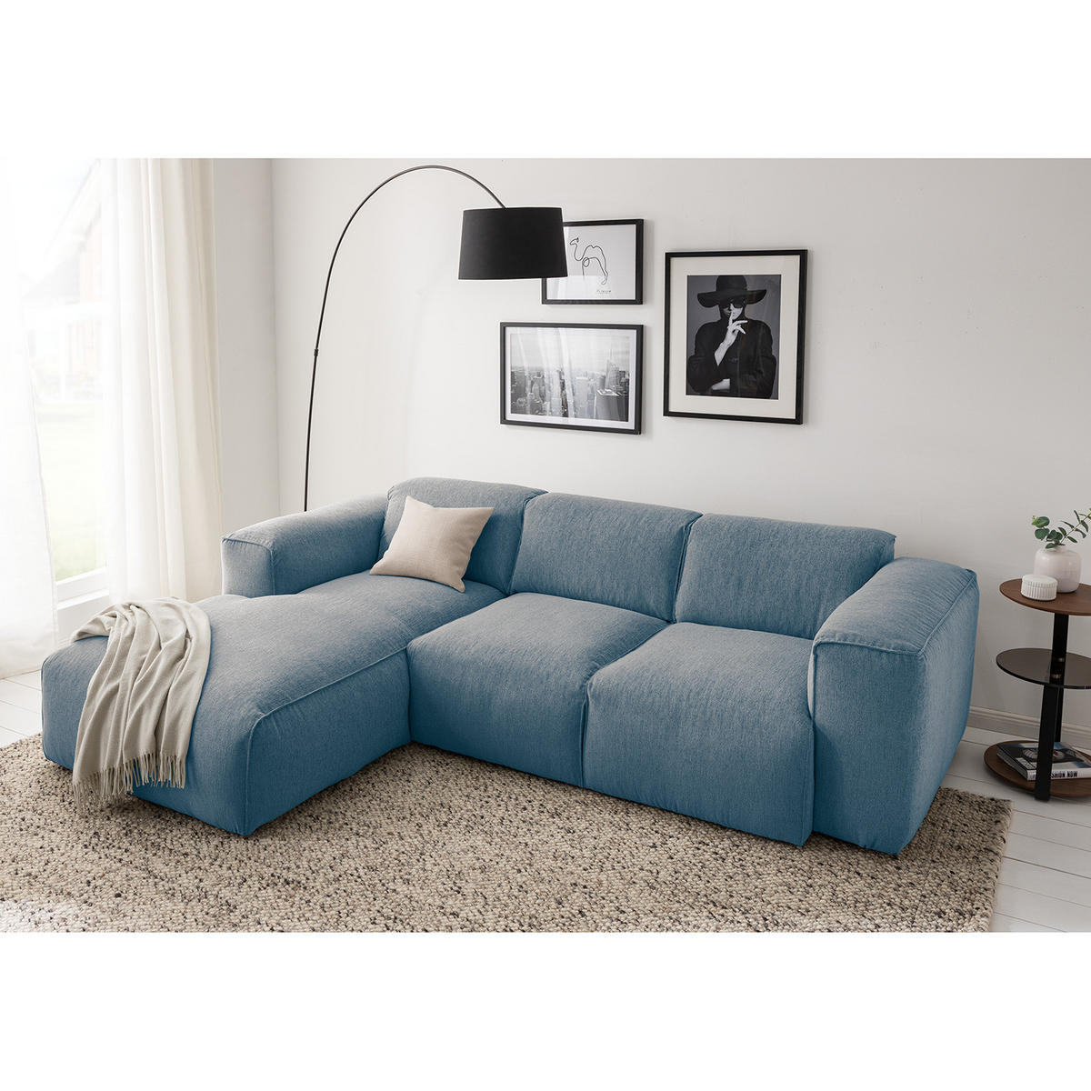 3-SITZER ECKSOFA mit Longchair - Blaugrau/Schwarz, Kunststoff/Textil (251/173cm) - home24