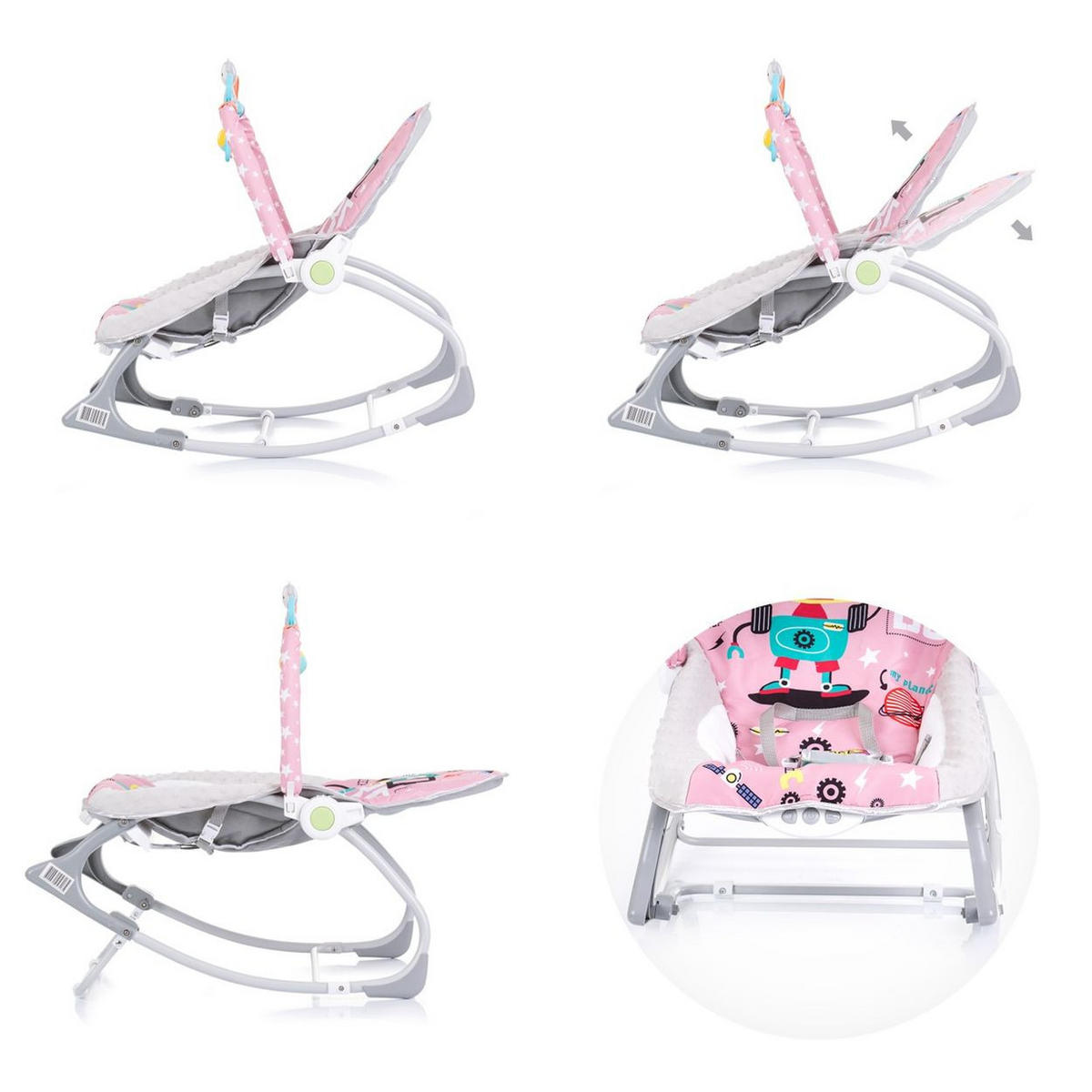 BABYWIPPE Baby Spa 2 in 1 rosa Musikfunktion, Vibration, Spielbogen, 3-Punkt-Gurt, Kinderstuhl - Rosa, Metall - Chipolino