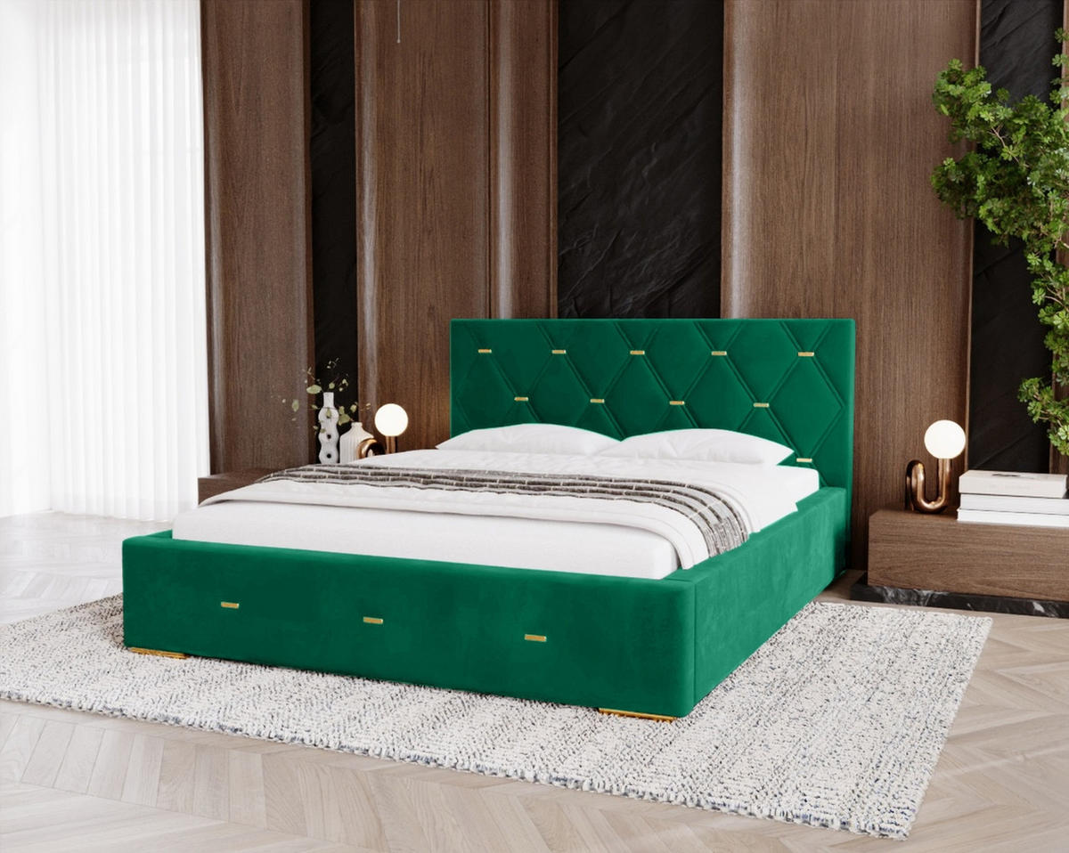 POLSTERBETT Golden Premium 120x200 cm, Doppelbett mit Bettkasten, Lattenrost und Matratze, Velourstoff: Grün - Grün, Holz/Textil (120/200cm) - Marpur