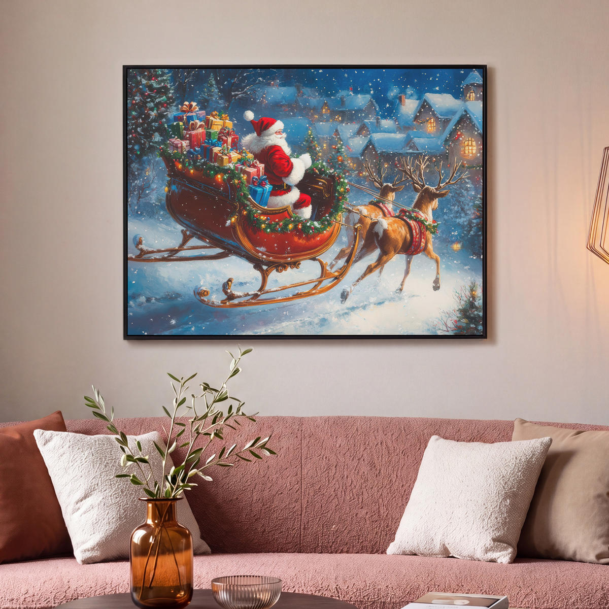 LEINWAND Bilder mit Rahmen - Weihnachtsmann - Rentier - Weihnachten - Schnee - 100x70 - Cognac, Textil (100/70cm) - MuchoWow