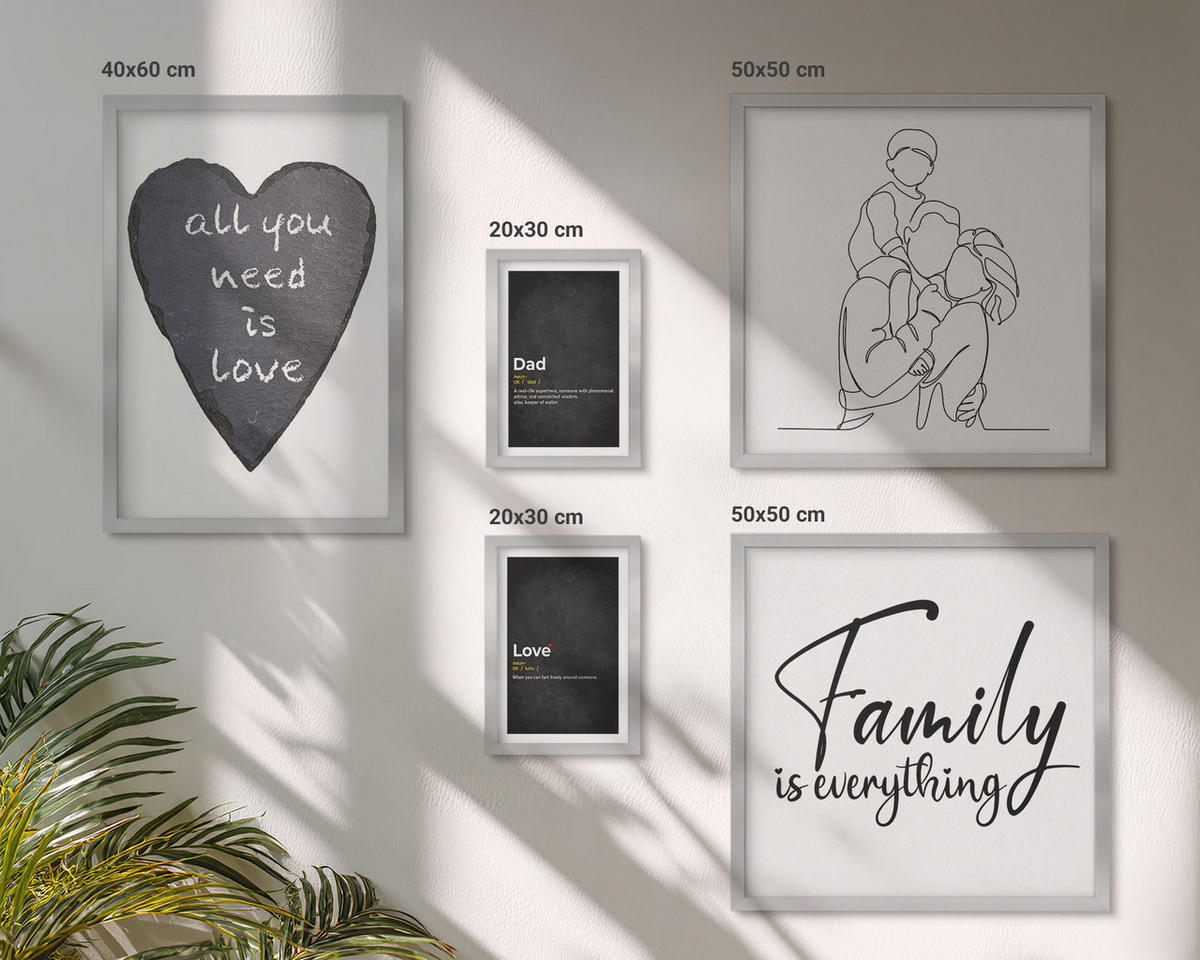 BILDER SET 5er Set - 50x50 cm & 20x30 cm & 40x60 cm Silberner Rahmen - Definitionen der Liebe in Familienzeichnungen - Silberfarben, Kunststoff (40/60cm) - TULUP
