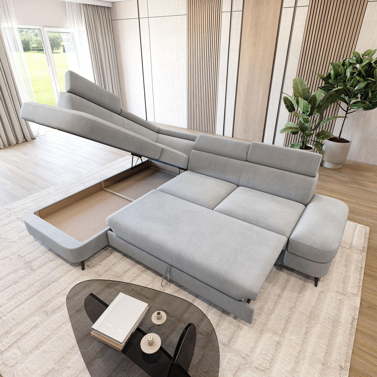 ECKSOFA AVISE MV L-S Hellgrau Velours-Stoff mit Schlaffunktion - Hellgrau, Holzwerkstoff/Textil (268/195cm) - MASSENO