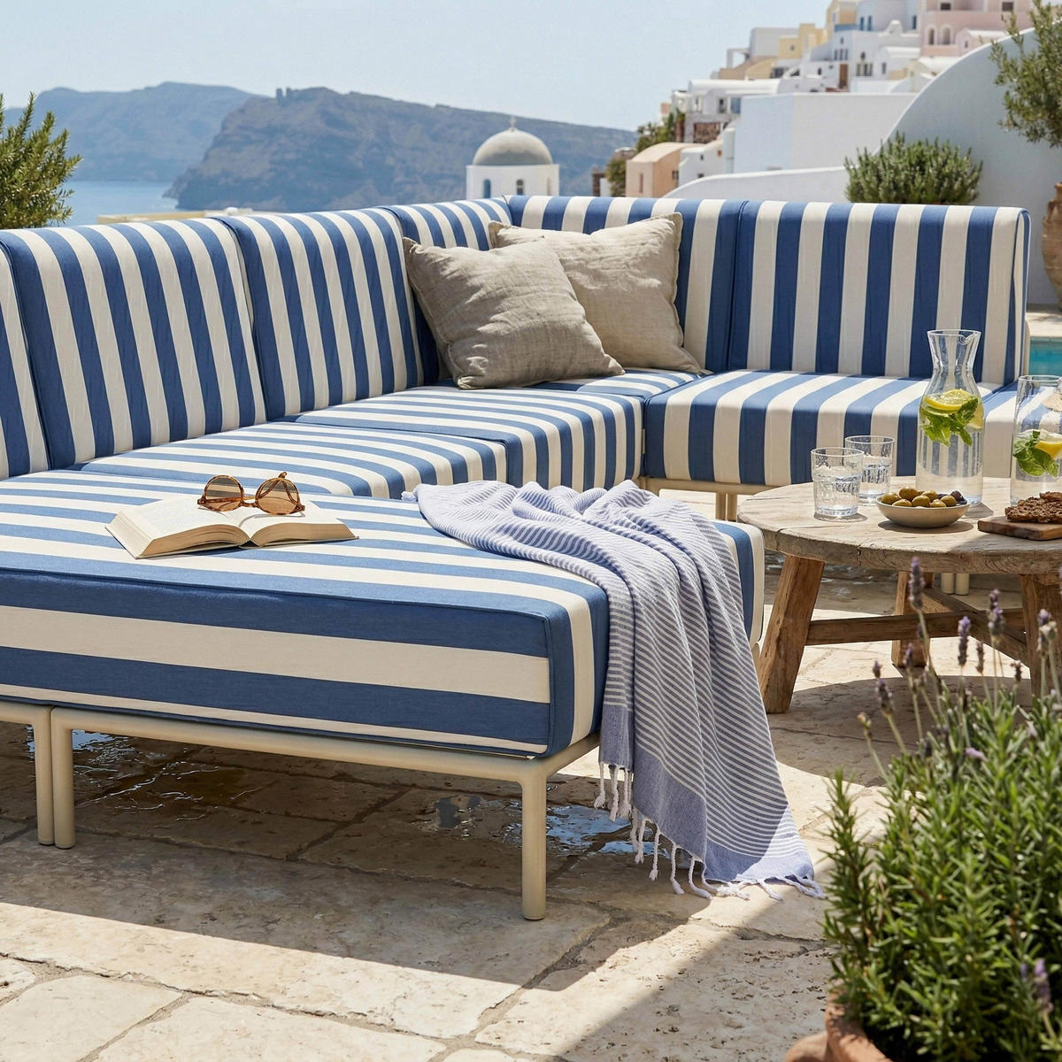 GARTENSOFA mit 6 Sitzplätzen, Blau - Blau, Textil - Oviala