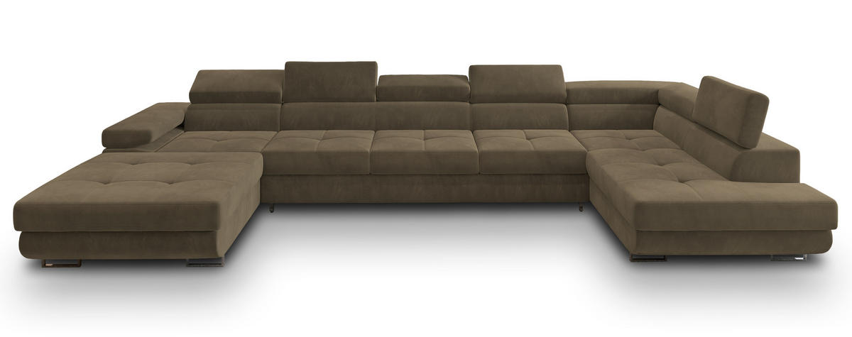 WOHNLANDSCHAFT TORIVA R-S Beige Velours-Stoff mit Schlaffunktion - Beige, Holz (418/90/202cm) - MASSENO