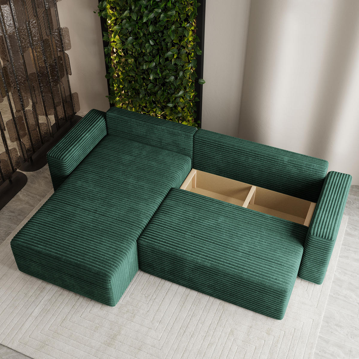 ECKSOFA CALTI T Grün Kordstoff mit Schlaffunktion - Grün, Holzwerkstoff/Textil (283/183cm) - MASSENO