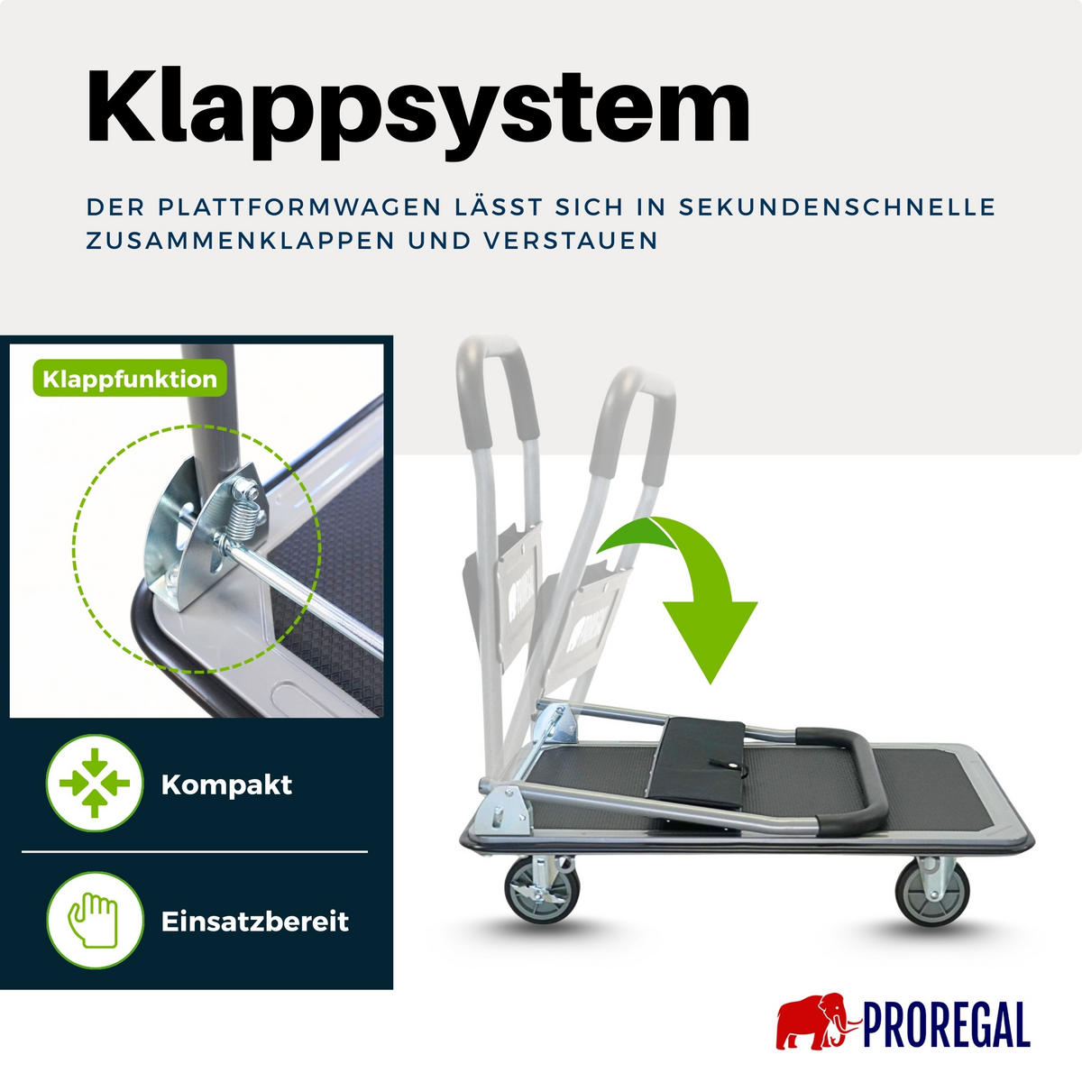 PLATTFORMWAGEN Transportwagen Rhino 300kg klappbar mit Gummiräder & Werkzeugtasche - Schwarz, Metall (90/60/85cm) - PROREGAL