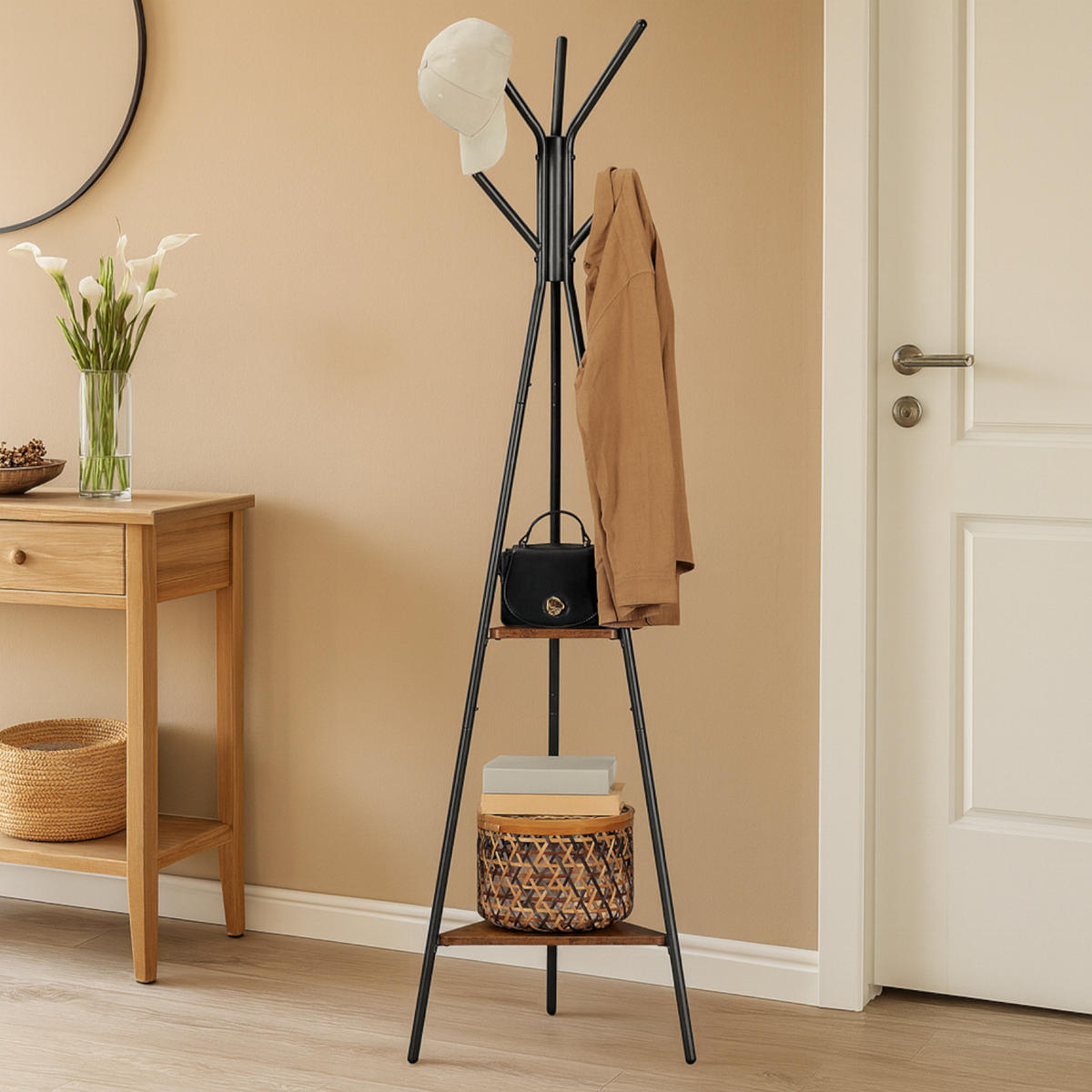 KLEIDERSTÄNDER Holzoptik Metall Dunkelbraun Schwarz mit Ablagen 179 × 49,5 cm - Dunkelbraun/Schwarz, Holzwerkstoff/Metall (49/179/49cm) - Begryf