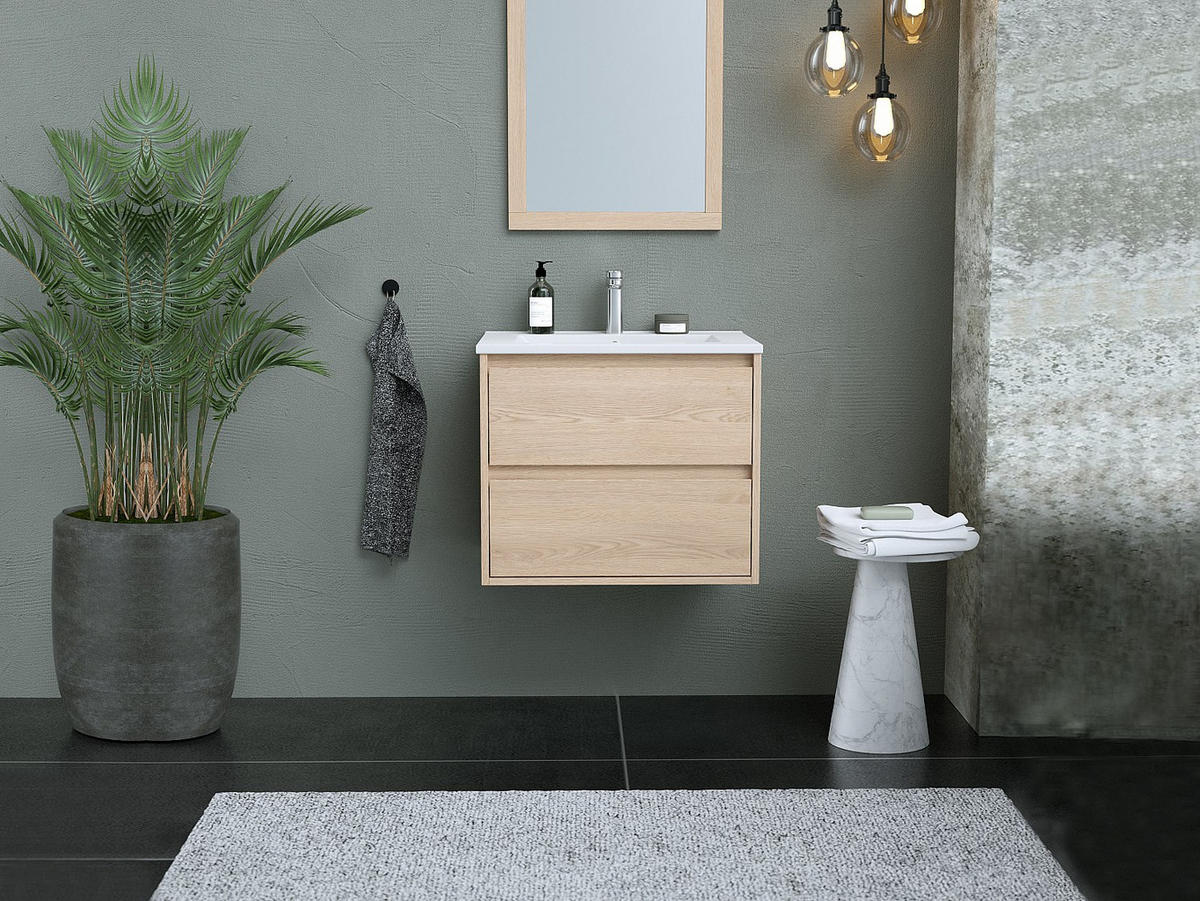 EINZELWASCHTISCH - 60 cm x 45 cm - Holz, Platte, Keramik - Naturfarben Hell - MILIPAM - Naturfarben, Keramik/Holz (60/50/45cm) - Vente-Unique