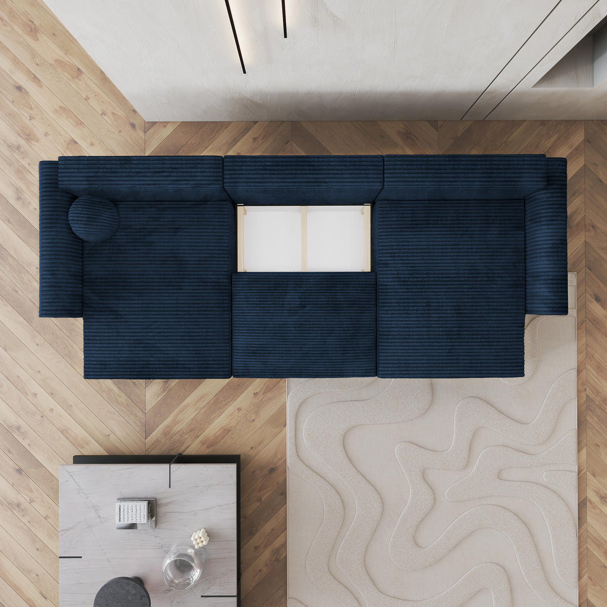 WOHNLANDSCHAFT FENTO Blau Kordstoff mit Schlaffunktion - Blau, Holz (347/90/148cm) - MASSENO