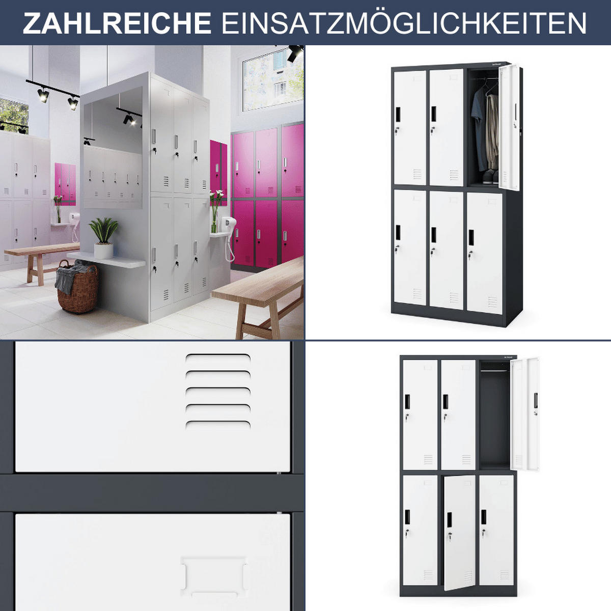 UMKLEIDESCHRANK Spind TOKIO 6 Abteile 185x90x45cm Anthrazit-Weiß - Anthrazit, Metall (90/185/45cm) - DELUKE