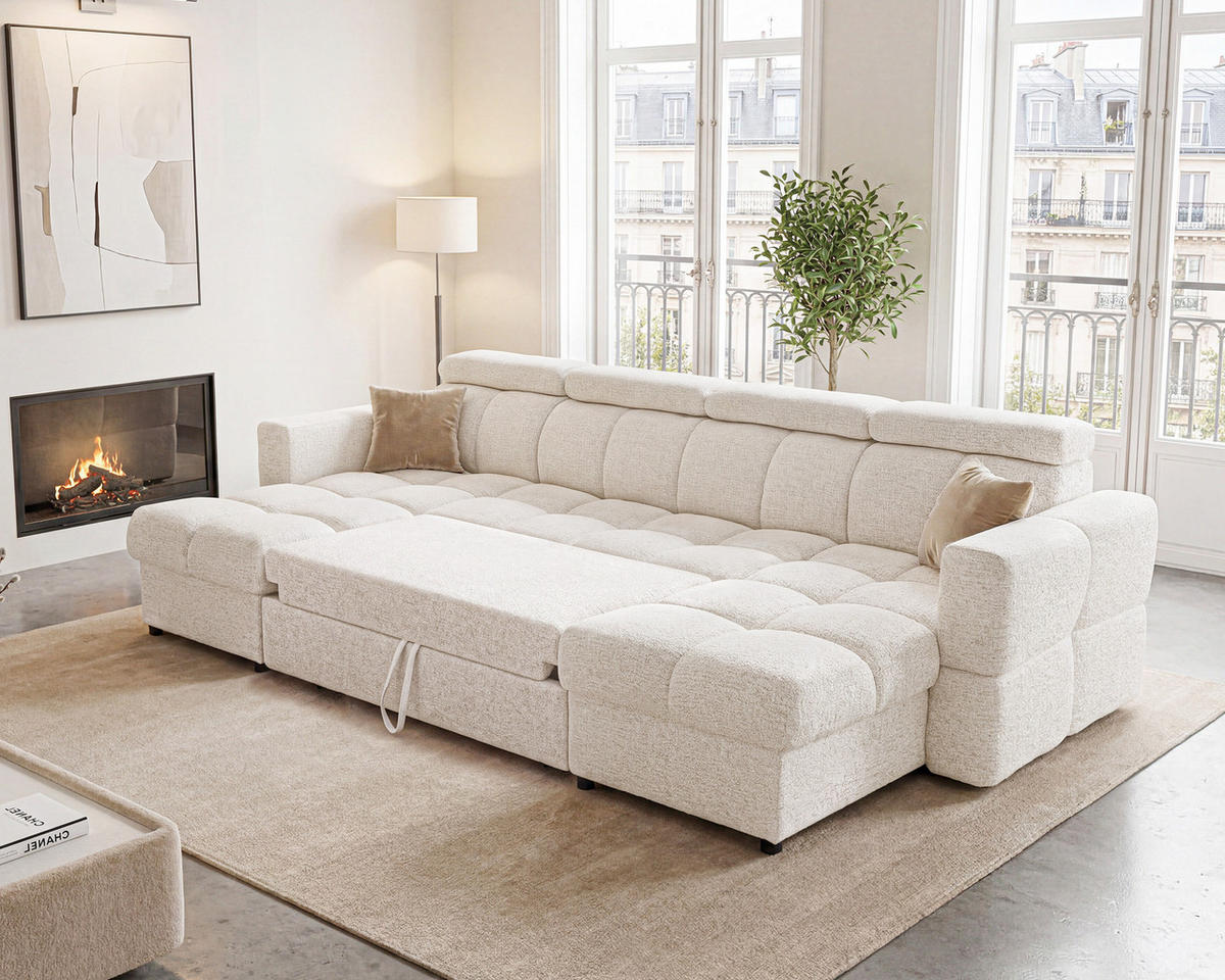WOHNLANDSCHAFT BELUNO mit Schlaffunktion und Bettkasten Creme - Creme/Schwarz, Kunststoff/Textil (302/84/160cm) - Idohome