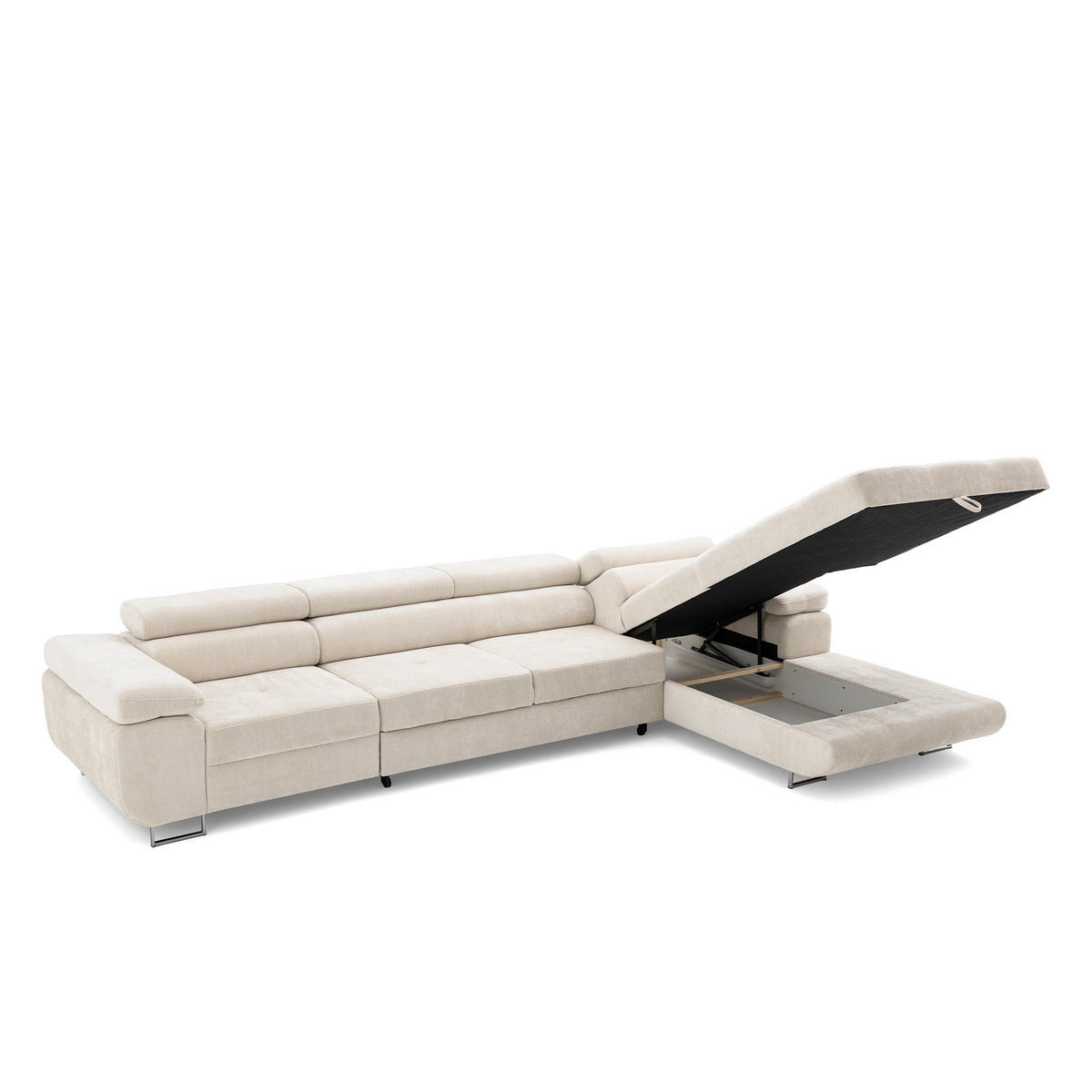 ECKSOFA ALONZO MAXI Rechts mit Schlaffunktion 125x195 Chenille Beige - Chromfarben/Beige, Holz/Textil (350/203cm) - Muffo