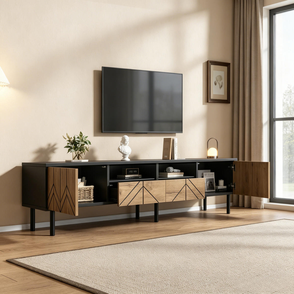 LOWBOARD in Schwarz und Naturfarben TV-Schrank mit Schubladen für Wohnzimmer, B180/T40/H45 cm - Schwarz/Naturfarben, Holzwerkstoff (180/45/40cm) - STILVORA