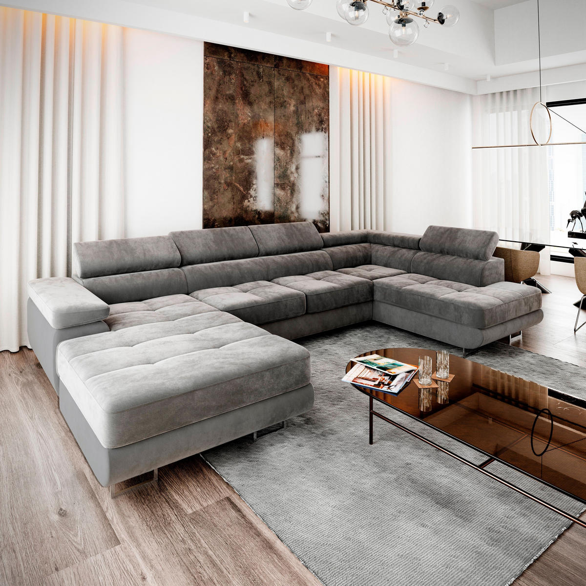 WOHNLANDSCHAFT CASONE R-S Grau Velours-Stoff mit Schlaffunktion - Grau, Holz (345/90/202cm) - MASSENO