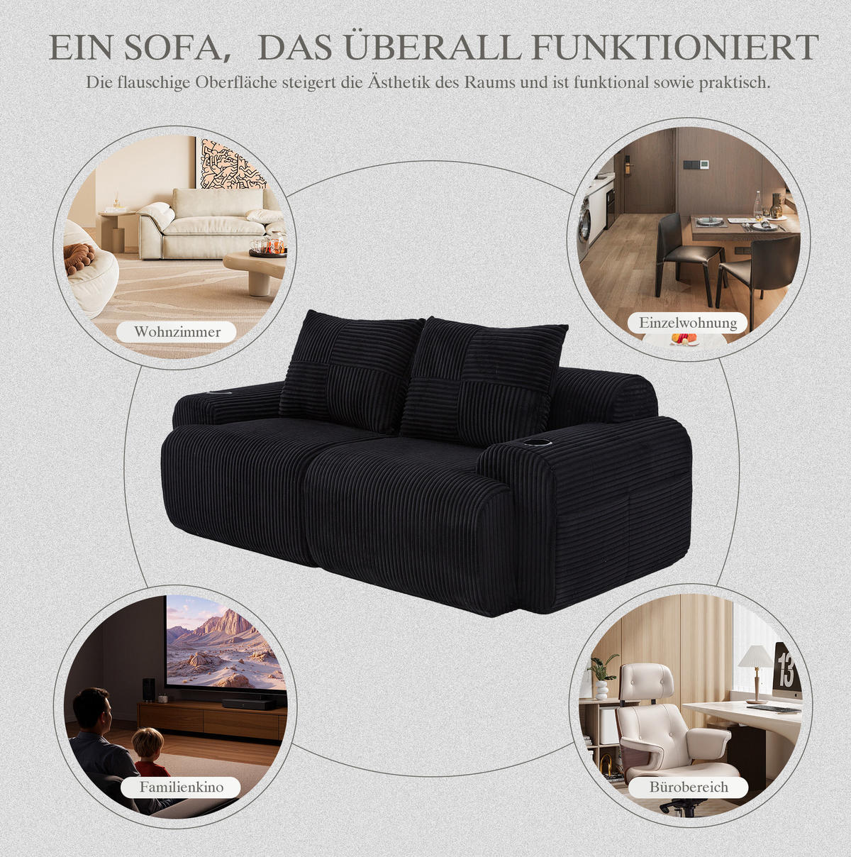 2-SITZER-SOFA 200/99/80 cm in Schwarz mit Cupholder und Seitentasche - Schwarz, Textil (99/80/200cm) - Flora Grace