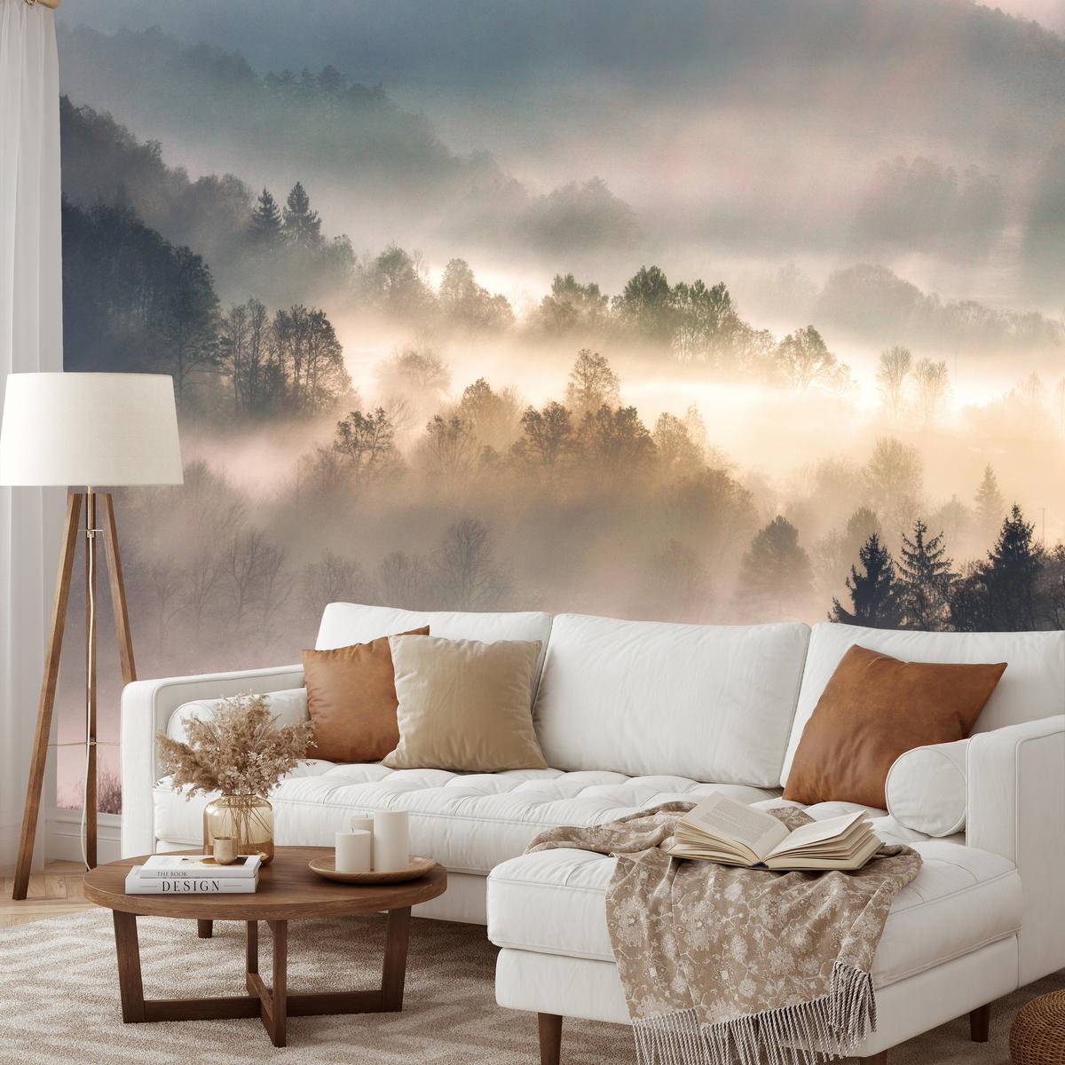 FOTOTAPETE für Wohnzimmer Natur Nebeliger Wald Sonnenaufgang Gebirge 500x350 - Gelb/Creme, Papier (500/350cm) - Muralo