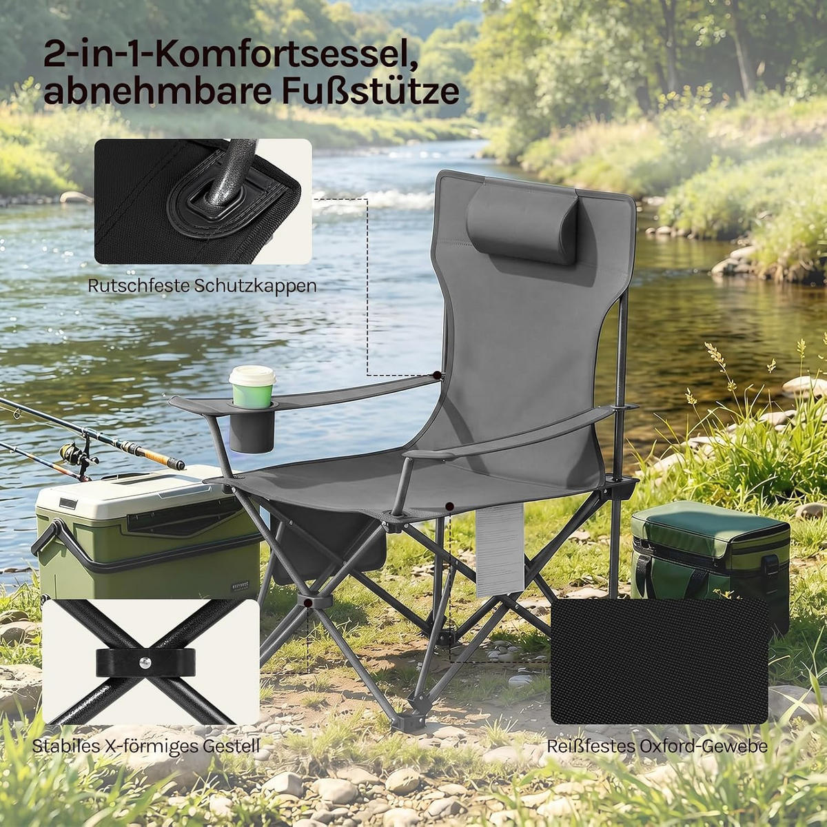 CAMPINGSTUHL Faltbar 2er Set mit Fußablage Grau - Grau, Textil (84/88.5/160cm) - Woltu