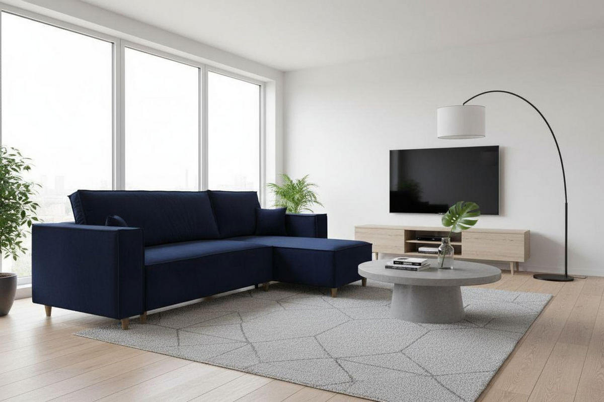 ECKSOFA RIO mit Schlaffunktion und Bettkasten, Farbe: Blau, Velourstoff, Ottomane Universal - Blau, Textil (249/142cm) - Marpur