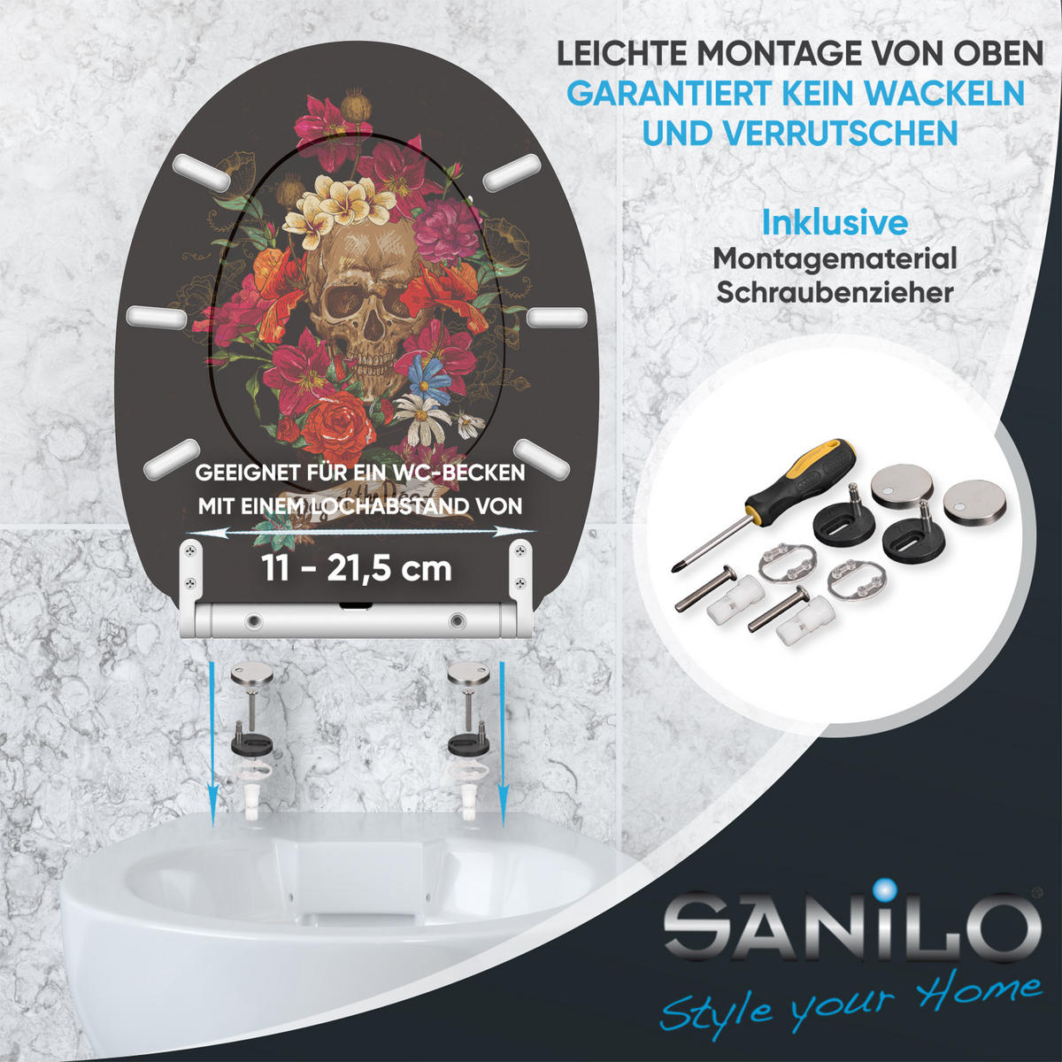 WC-SITZ mit Absenkautomatik & Top Fix Day of the Dead - Schwarz, Holzwerkstoff (37.7/5.5/48cm) - Sanilo