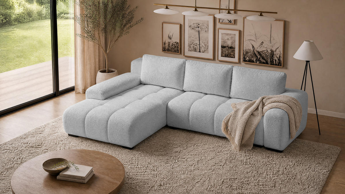 ECKSOFA Ovia mit Bettkasten und Schlaffunktion, Bouclé-Stoff in L-Form - Hellgrau, Textil (270/185cm)