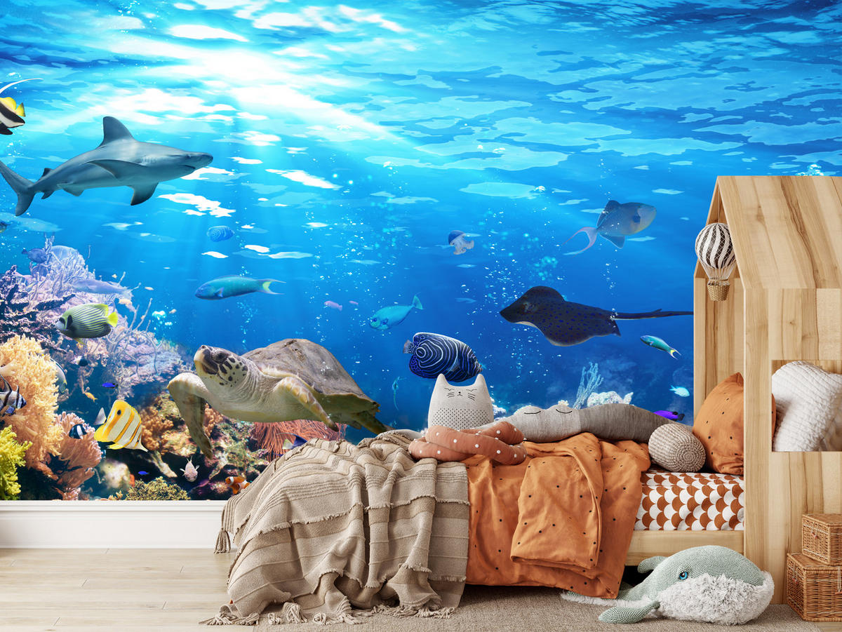 FOTOTAPETE für Badezimmer Korallenriff Schildkröte Hai Fisch 200x140 - Blau/Gelb, Papier (200/140cm) - Muralo